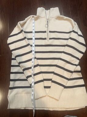 LOFT Cream and Navy Striped Half-Zip  Sweater
